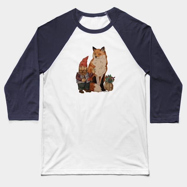 Gnome and Fox Baseball T-Shirt by CrowTownArt